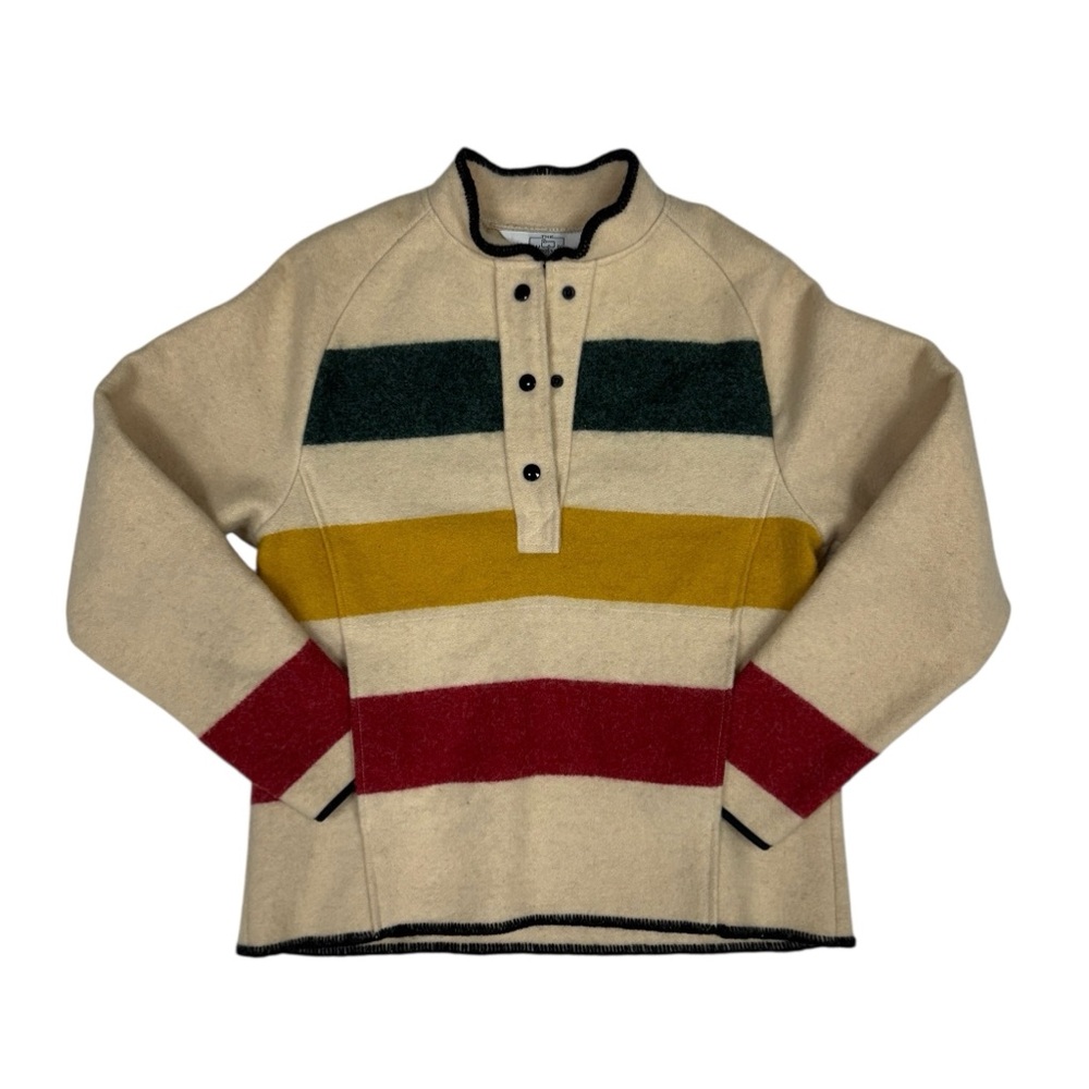 Vintage Woolrich Hudson Bay Sweater Womens Medium Beige Stripe Snap 70s 80s USA - Picture 1 of 8